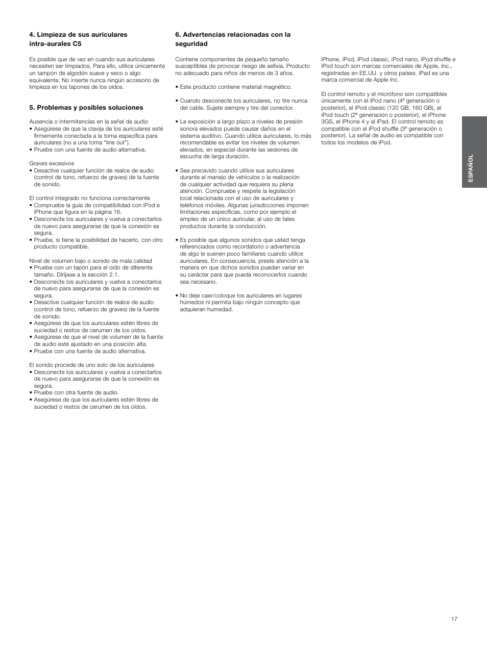 Limpieza de sus auriculares intra-aurales c5, Problemas y posibles soluciones, Advertencias relacionadas con la seguridad | Bowers & Wilkins C5 User Manual | Page 17 / 65