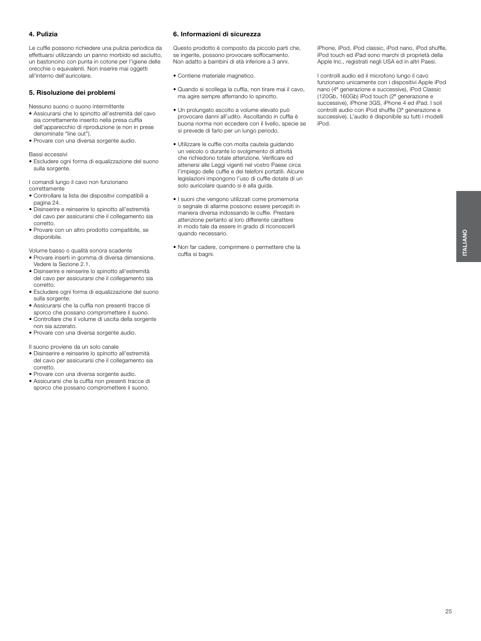 Pulizia, Risoluzione dei problemi, Informazioni di sicurezza | Bowers & Wilkins C5 User Manual | Page 25 / 65