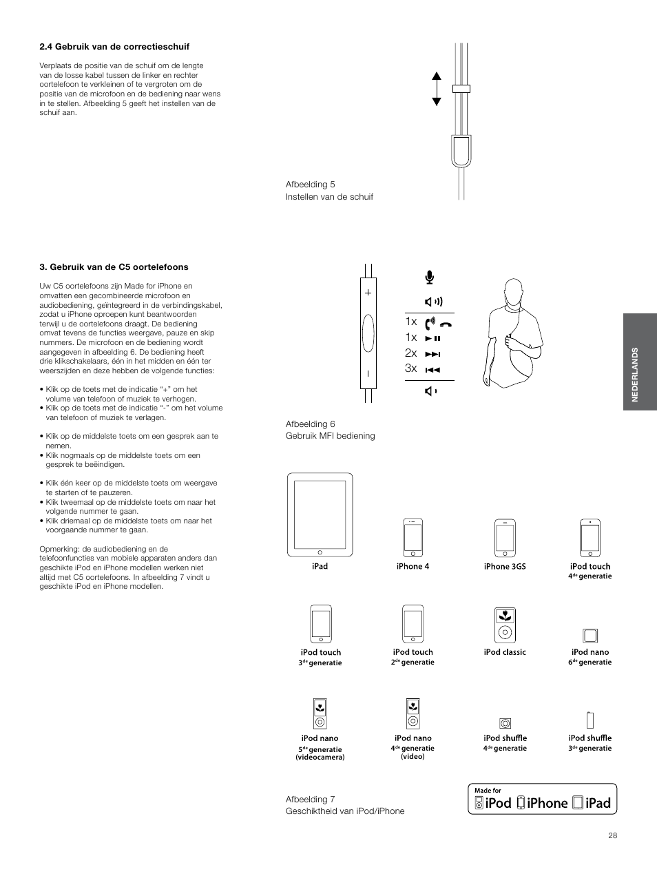 4 gebruik van de correctieschuif, Gebruik van de c5 oortelefoons, 1x 1x 2x 3x | Bowers & Wilkins C5 User Manual | Page 28 / 65