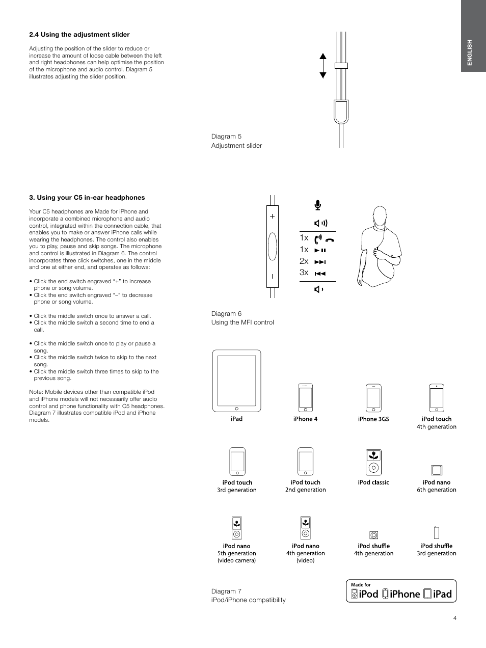 4 using the adjustment slider, Using your c5 in-ear headphones, 1x 1x 2x 3x | Bowers & Wilkins C5 User Manual | Page 4 / 65