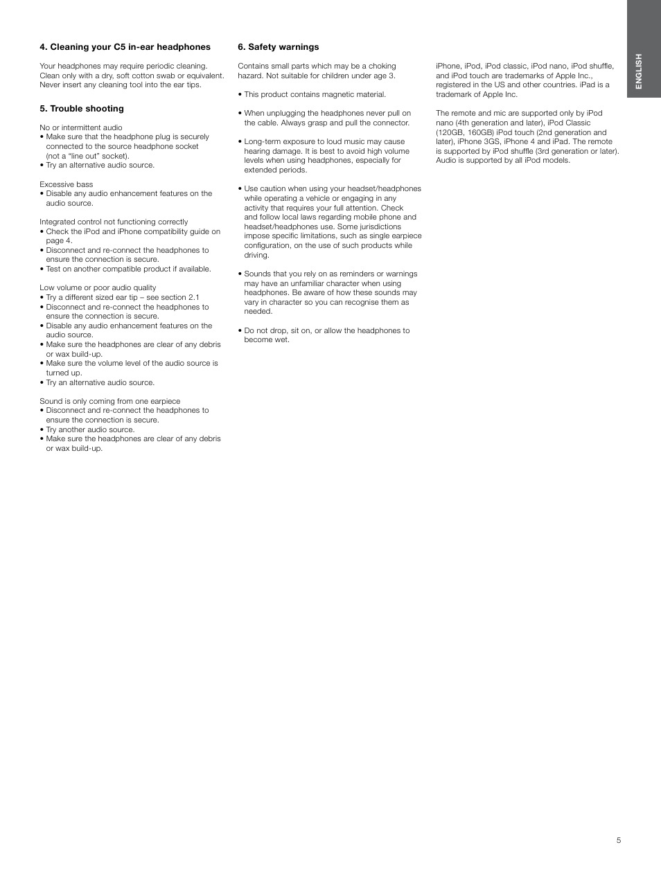 Cleaning your c5 in-ear headphones, Trouble shooting, Safety warnings | Bowers & Wilkins C5 User Manual | Page 5 / 65