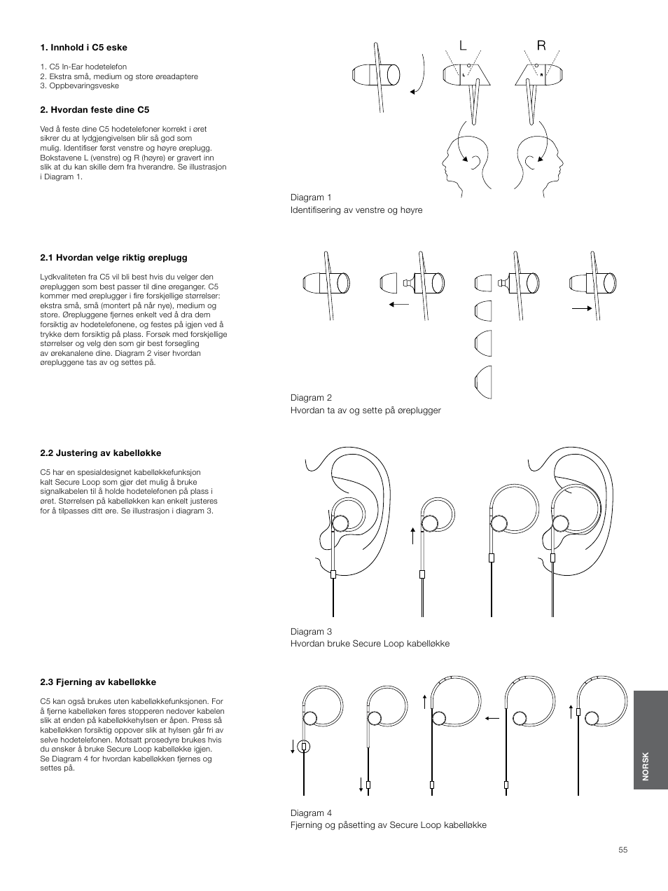 Innhold i c5 eske, Hvordan feste dine c5, 1 hvordan velge riktig øreplugg | 2 justering av kabelløkke, 3 fjerning av kabelløkke | Bowers & Wilkins C5 User Manual | Page 55 / 65