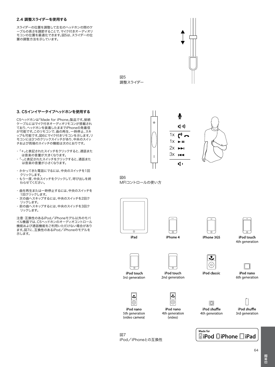 4 調整スライダーを使用する, C5インイヤータイプヘッドホンを使用する, 1x 1x 2x 3x | Bowers & Wilkins C5 User Manual | Page 64 / 65