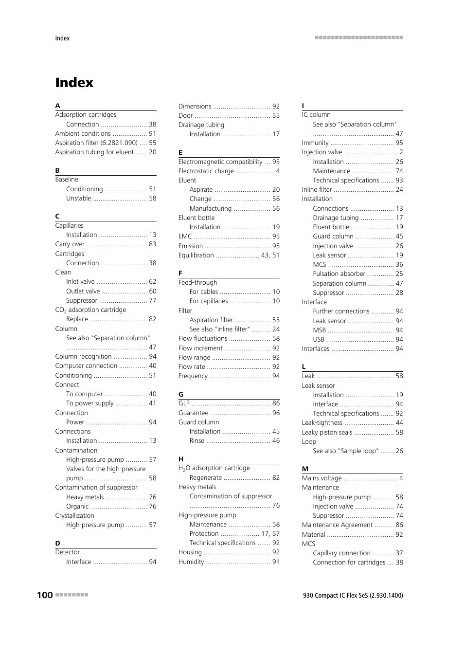 Index | Metrohm 930 Compact IC Flex SeS User Manual | Page 108 / 109