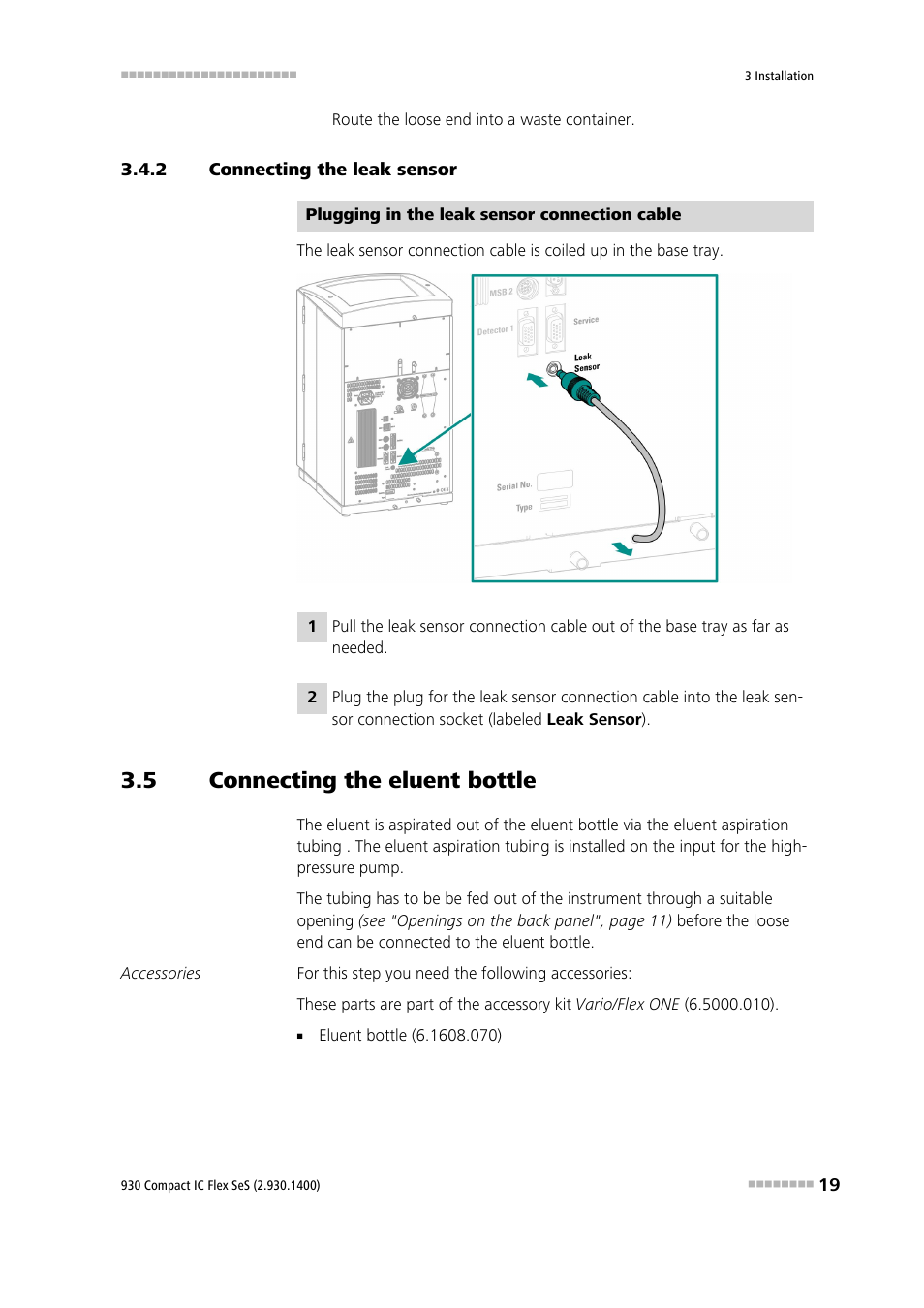 2 connecting the leak sensor, 5 connecting the eluent bottle, Connecting the leak sensor | Connecting the eluent bottle | Metrohm 930 Compact IC Flex SeS User Manual | Page 27 / 109