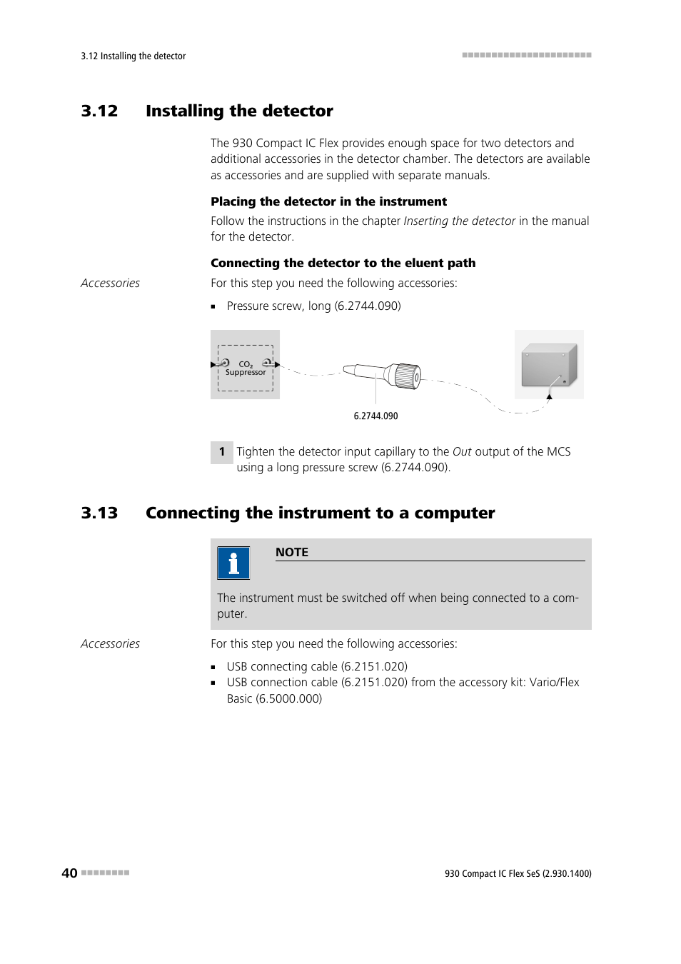 12 installing the detector, 13 connecting the instrument to a computer | Metrohm 930 Compact IC Flex SeS User Manual | Page 48 / 109