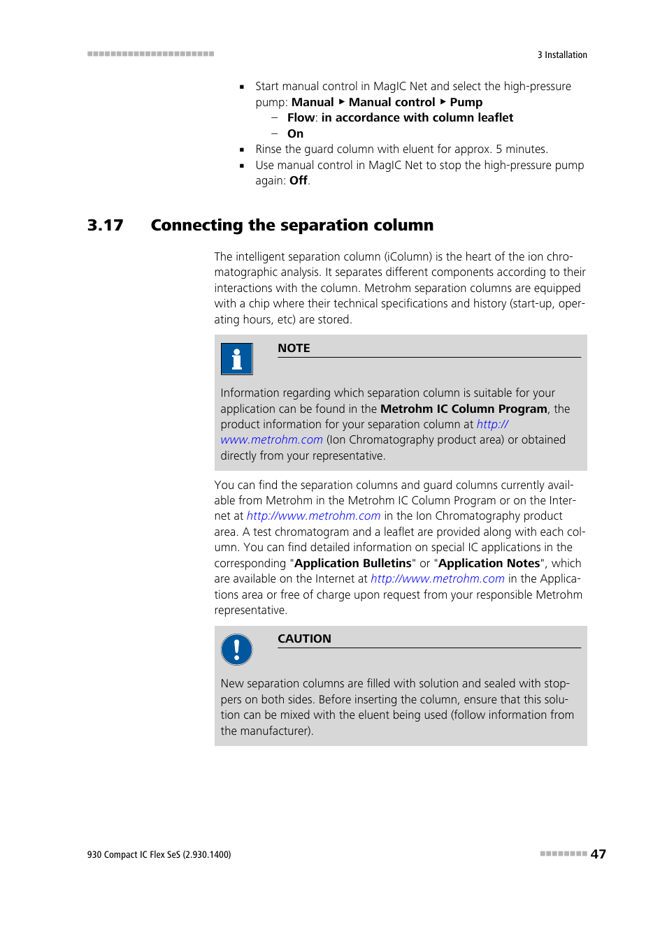 17 connecting the separation column | Metrohm 930 Compact IC Flex SeS User Manual | Page 55 / 109