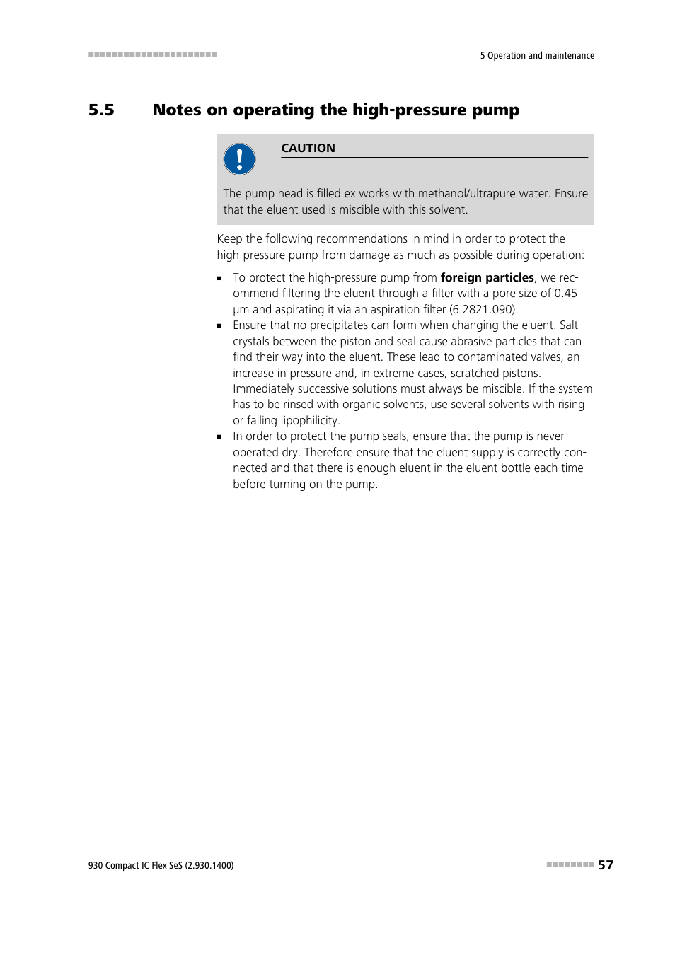 5 notes on operating the high-pressure pump, Notes on operating the high-pressure pump | Metrohm 930 Compact IC Flex SeS User Manual | Page 65 / 109