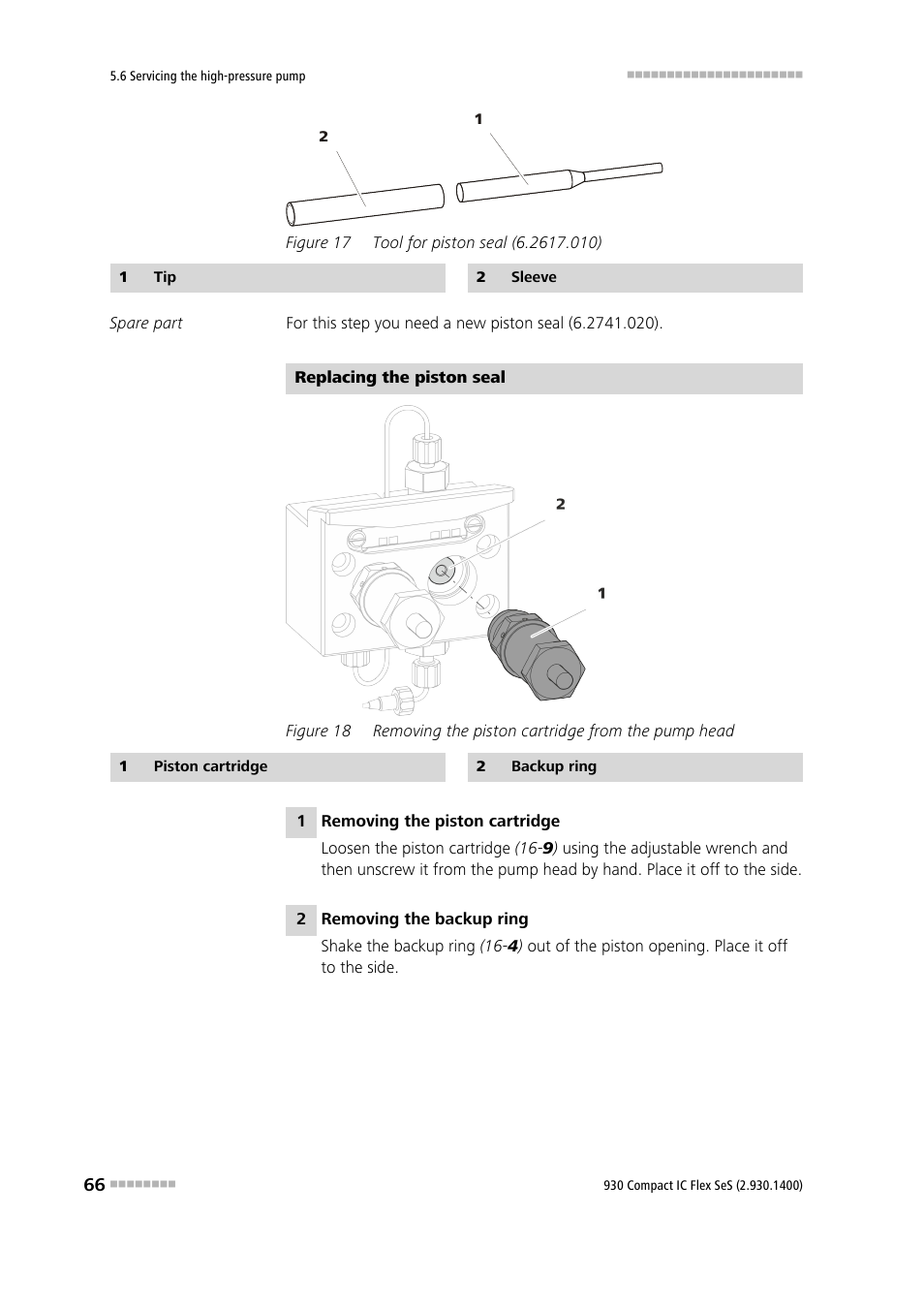 Figure 17, Tool for piston seal (6.2617.010), Figure 18 | Removing the piston cartridge from the pump head | Metrohm 930 Compact IC Flex SeS User Manual | Page 74 / 109