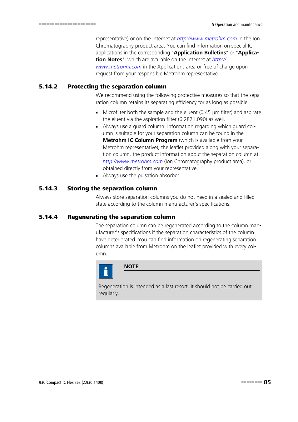 2 protecting the separation column, 3 storing the separation column, 4 regenerating the separation column | Protecting the separation column, Storing the separation column, Regenerating the separation column | Metrohm 930 Compact IC Flex SeS User Manual | Page 93 / 109