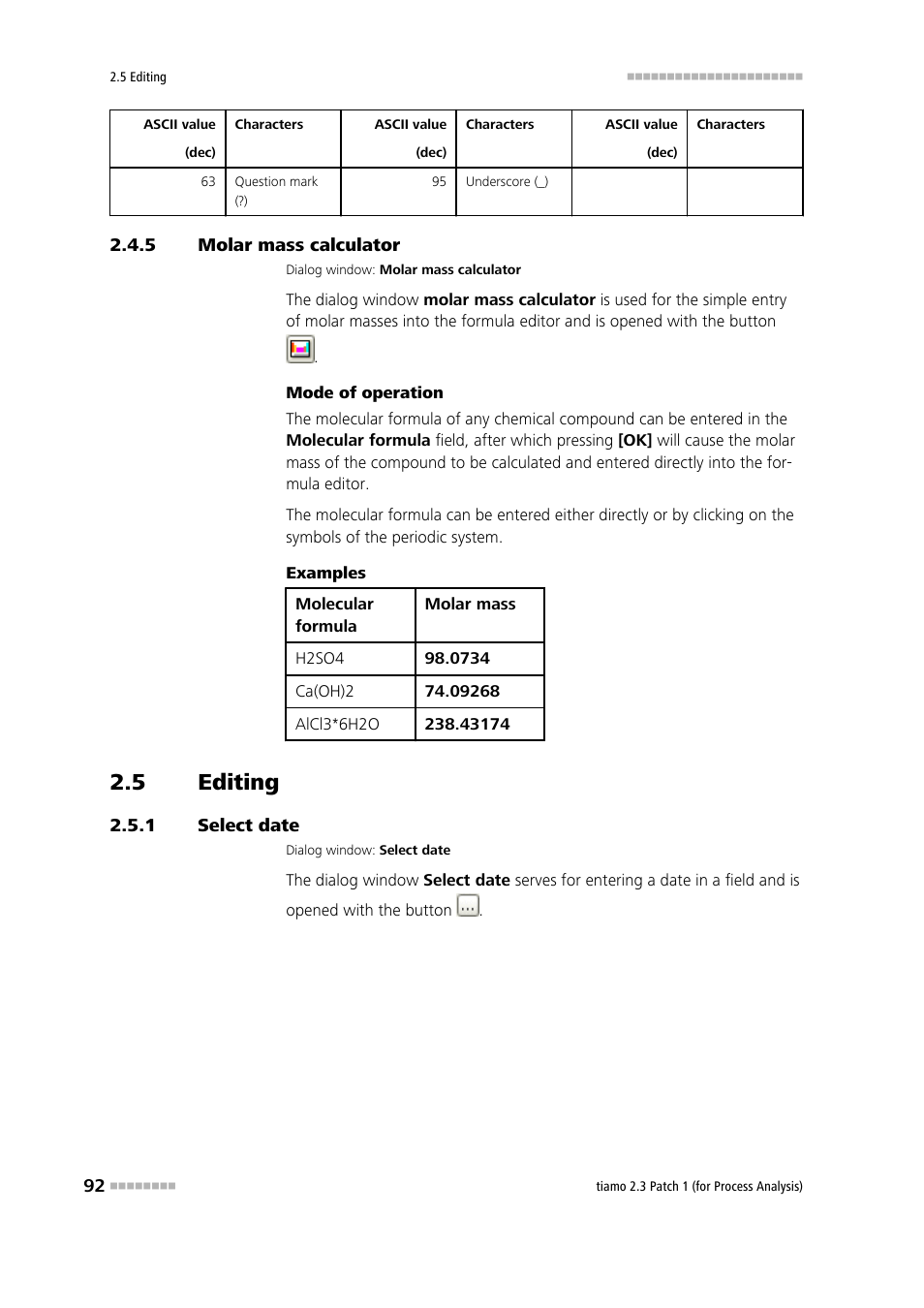 5 molar mass calculator, 5 editing, 1 select date | Molar mass calculator, Editing, Select date | Metrohm tiamo 2.3 Patch 1 (process analysis) User Manual | Page 108 / 1795