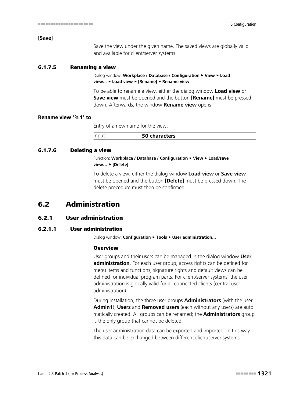 5 renaming a view, 6 deleting a view, 2 administration | 1 user administration, Administration 1, User administration 1, Manage user groups | Metrohm tiamo 2.3 Patch 1 (process analysis) User Manual | Page 1337 / 1795
