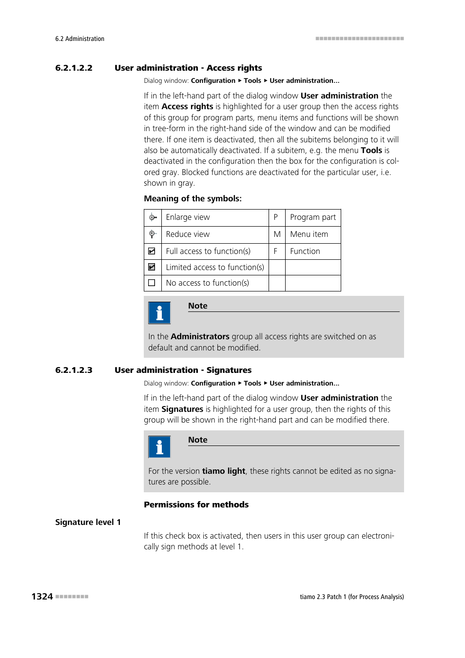 2 user administration - access rights, 3 user administration - signatures, Access rights | Signatures, Define access rights for user groups, Define signature rights for user groups | Metrohm tiamo 2.3 Patch 1 (process analysis) User Manual | Page 1340 / 1795