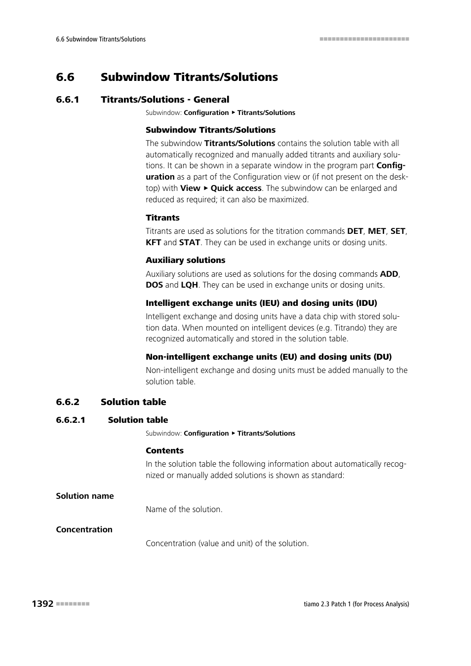 6 subwindow titrants/solutions, 1 titrants/solutions - general, 2 solution table | 1 solution table, Subwindow titrants/solutions 2, Titrants/solutions - general 2, Solution table 2, Titrants/solutions | Metrohm tiamo 2.3 Patch 1 (process analysis) User Manual | Page 1408 / 1795