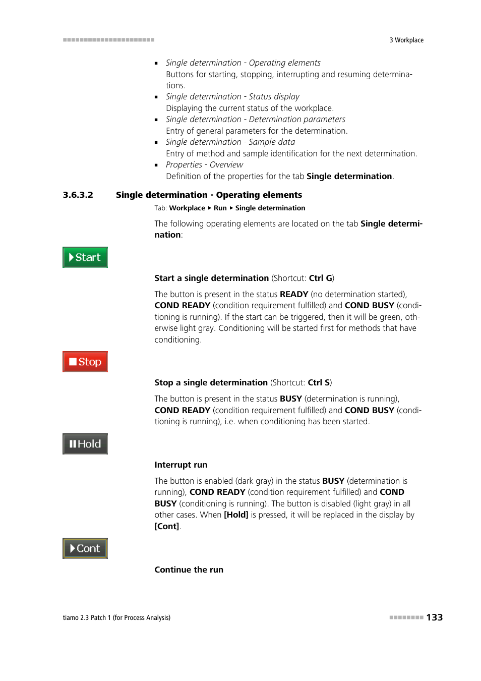 2 single determination - operating elements, Start/stop single determination, Interrupt/resume single determination | Metrohm tiamo 2.3 Patch 1 (process analysis) User Manual | Page 149 / 1795