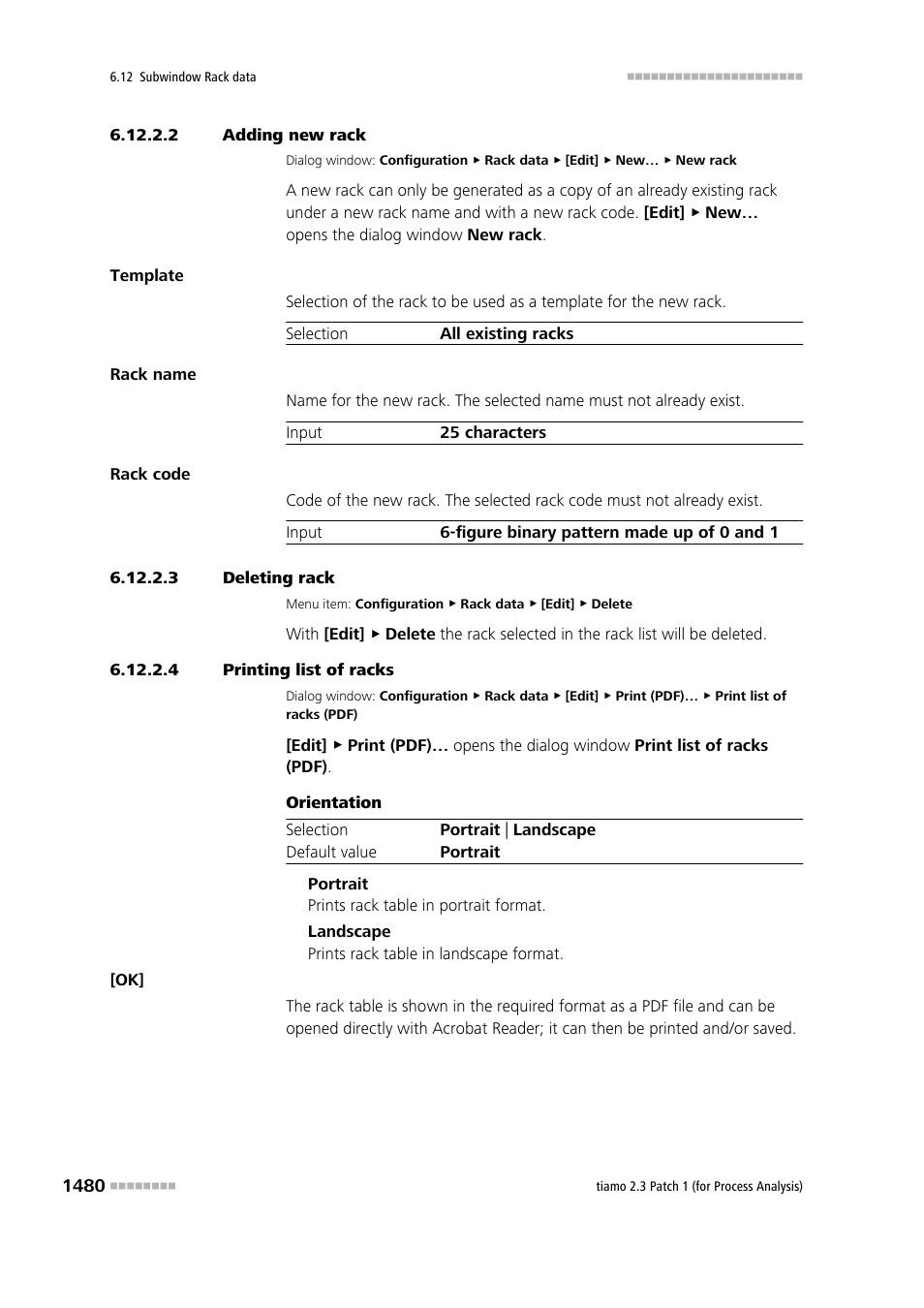 2 adding new rack, 3 deleting rack, 4 printing list of racks | Metrohm tiamo 2.3 Patch 1 (process analysis) User Manual | Page 1496 / 1795