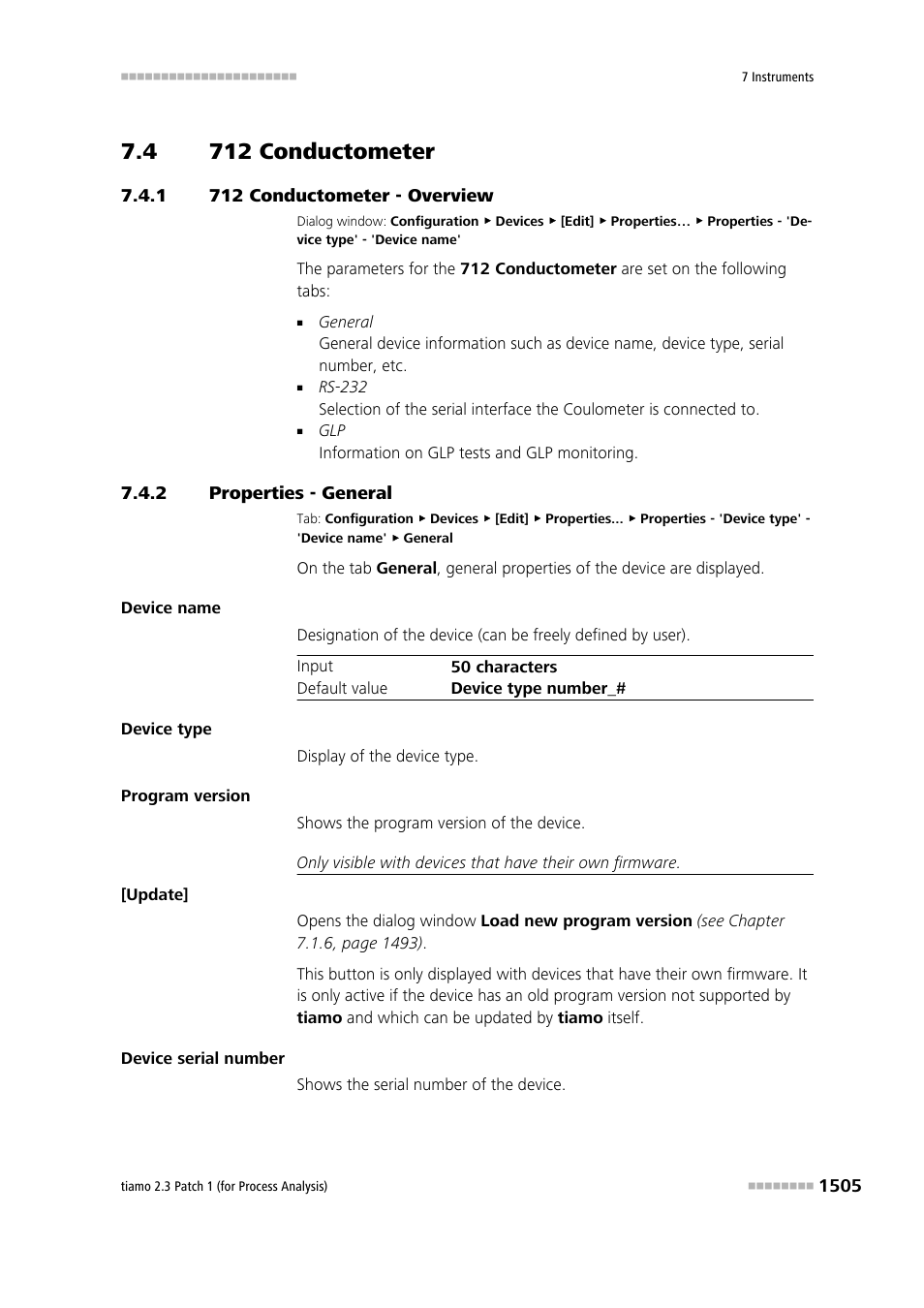 4 712 conductometer, 1 712 conductometer - overview, 2 properties - general | 712 conductometer 5, 712 conductometer - overview 5, Properties - general 5, 712 conductometer | Metrohm tiamo 2.3 Patch 1 (process analysis) User Manual | Page 1521 / 1795