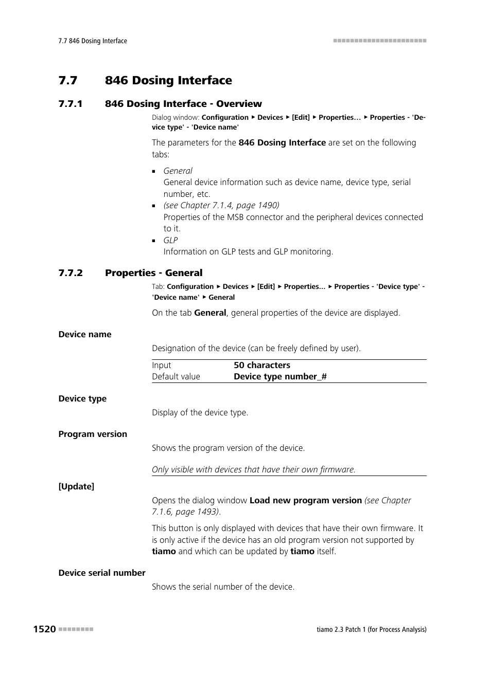 7 846 dosing interface, 1 846 dosing interface - overview, 2 properties - general | 846 dosing interface 0, 846 dosing interface - overview 0, Properties - general 0, 846 dosing interface | Metrohm tiamo 2.3 Patch 1 (process analysis) User Manual | Page 1536 / 1795