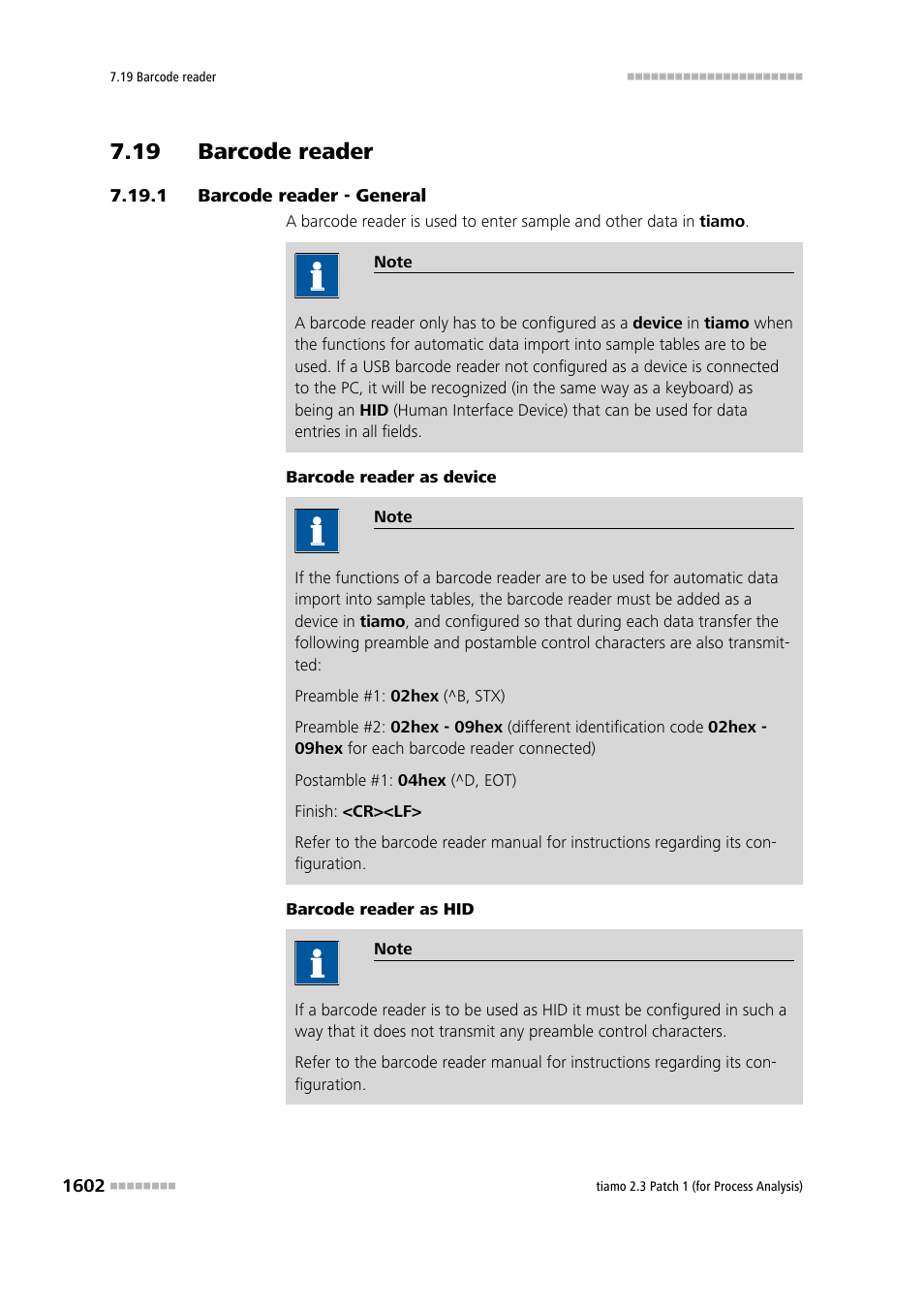 19 barcode reader, 1 barcode reader - general, 19 barcode reader 2 7.19.1 | Barcode reader - general 2, Barcode reader | Metrohm tiamo 2.3 Patch 1 (process analysis) User Manual | Page 1618 / 1795