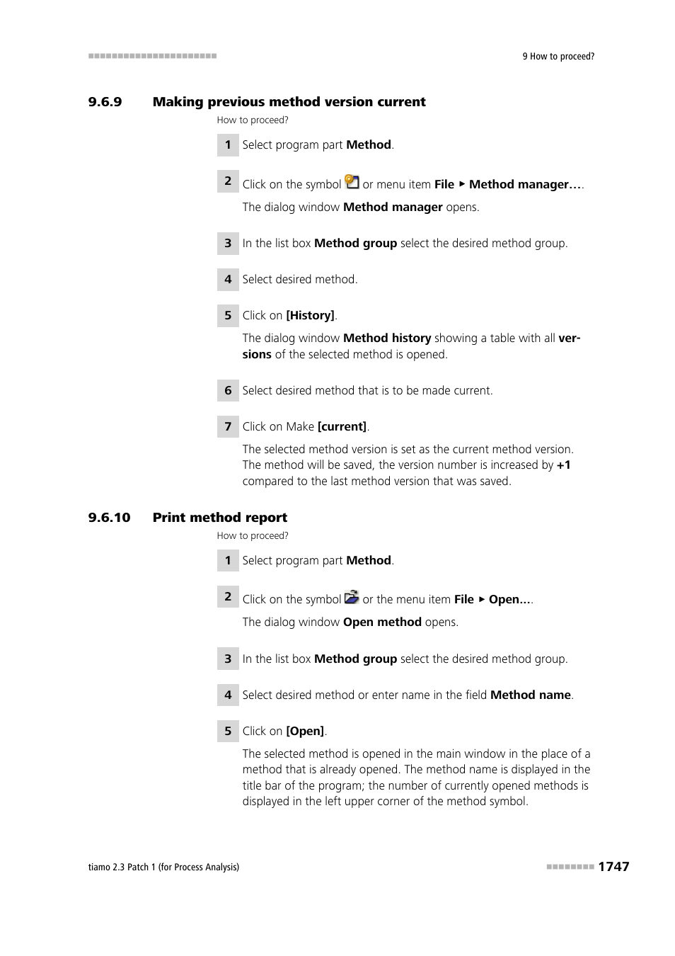 9 making previous method version current, 10 print method report, Making previous method version current 7 | Print method report 7 | Metrohm tiamo 2.3 Patch 1 (process analysis) User Manual | Page 1763 / 1795
