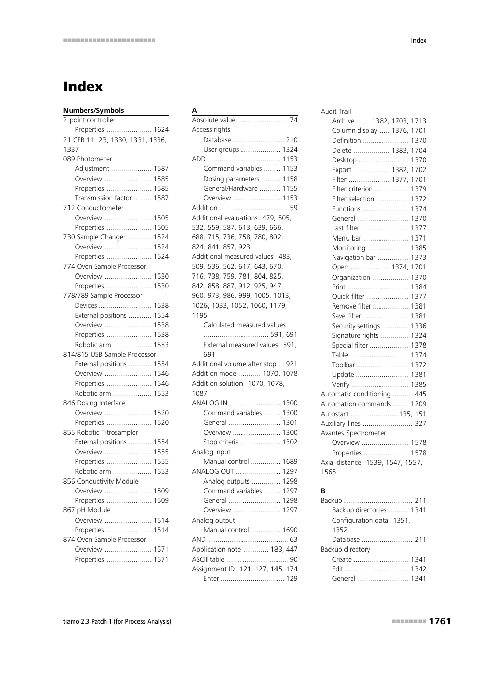 Index | Metrohm tiamo 2.3 Patch 1 (process analysis) User Manual | Page 1777 / 1795