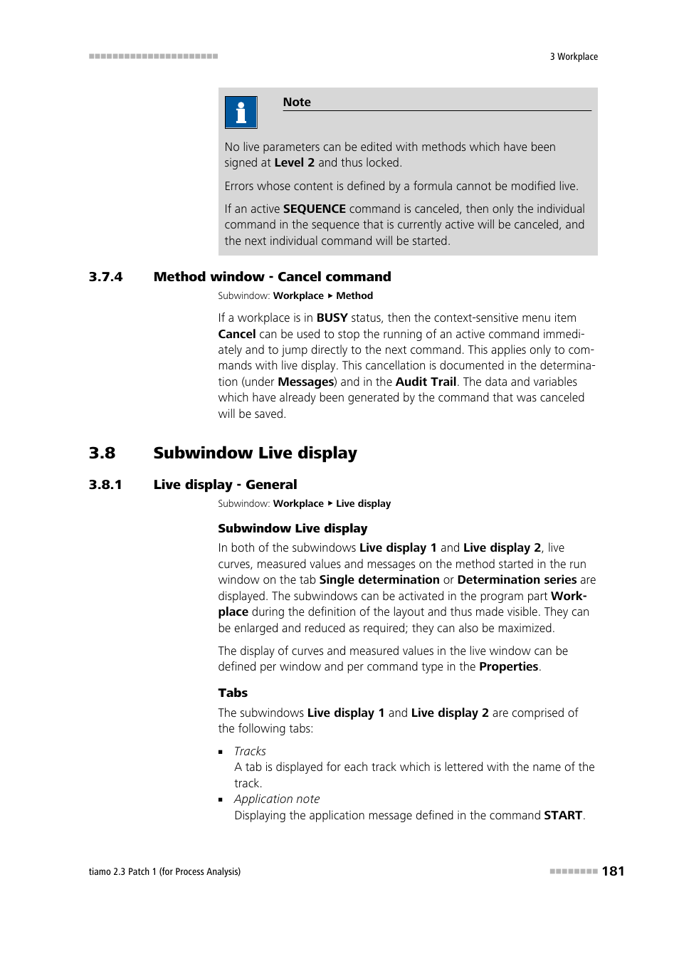 4 method window - cancel command, 8 subwindow live display, 1 live display - general | Method window - cancel command, Subwindow live display, Live display - general, Live display 1, Live display 2, Cancel commands | Metrohm tiamo 2.3 Patch 1 (process analysis) User Manual | Page 197 / 1795