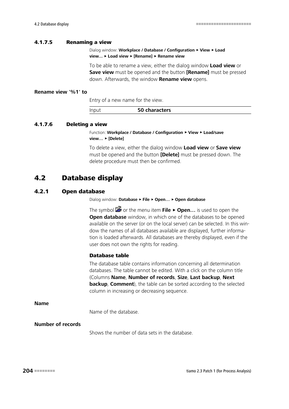 5 renaming a view, 6 deleting a view, 2 database display | 1 open database, Database display, Open database | Metrohm tiamo 2.3 Patch 1 (process analysis) User Manual | Page 220 / 1795