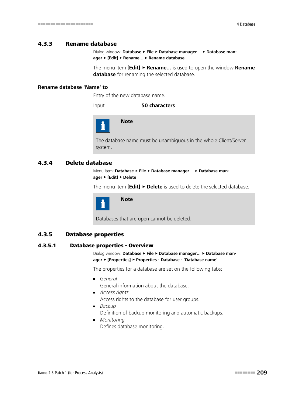 3 rename database, 4 delete database, 5 database properties | 1 database properties - overview, Rename database, Delete database, Database properties, Rename the database, Edit the database properties, Delete the database | Metrohm tiamo 2.3 Patch 1 (process analysis) User Manual | Page 225 / 1795