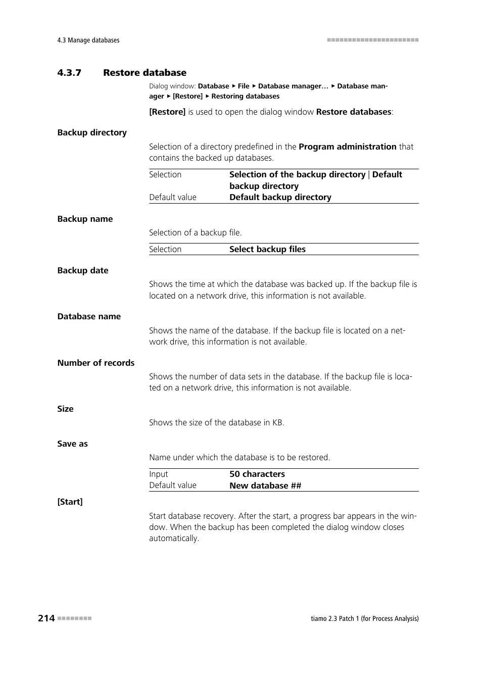 7 restore database, Restore database, Restore the database | Metrohm tiamo 2.3 Patch 1 (process analysis) User Manual | Page 230 / 1795