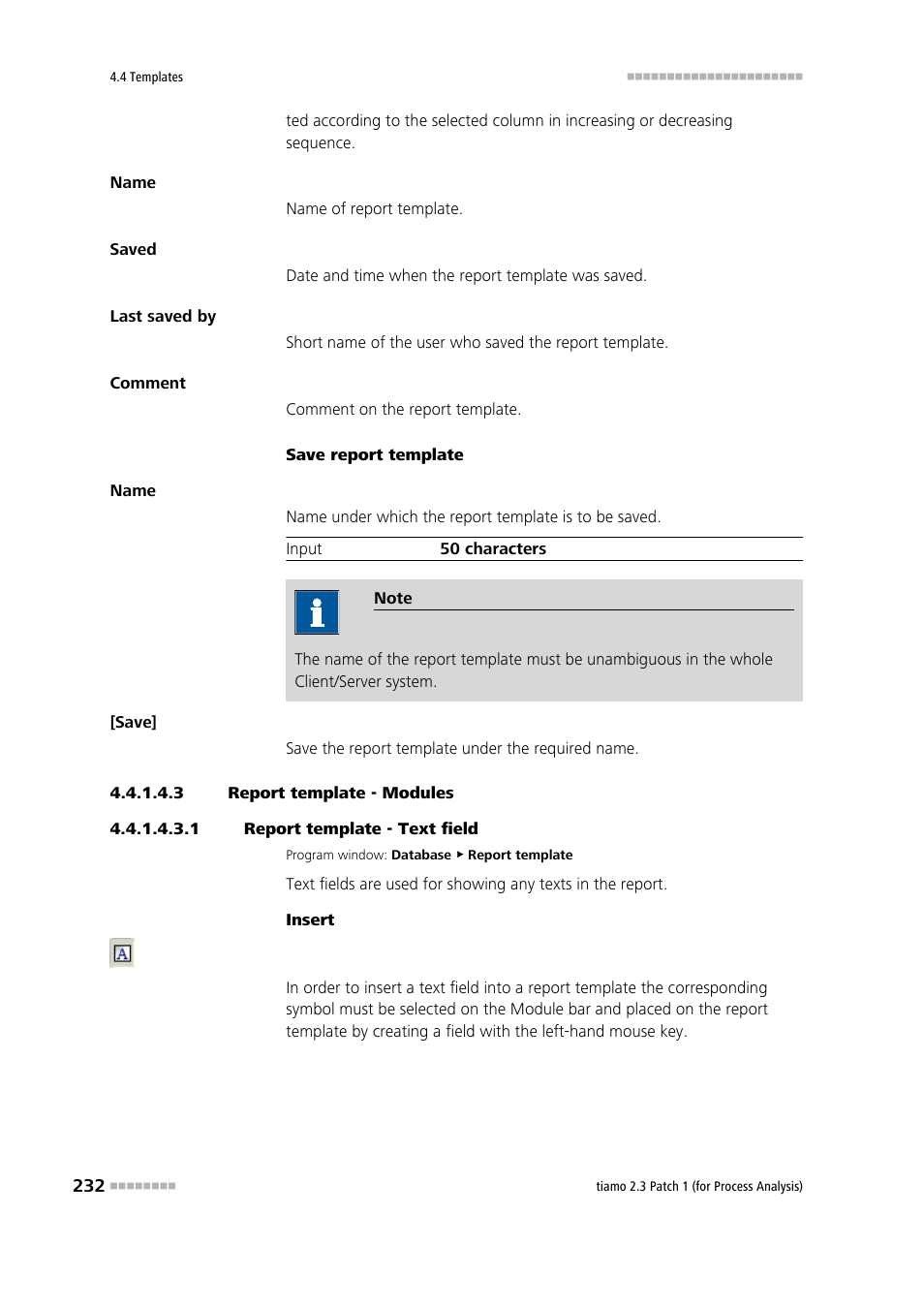 3 report template - modules, 1 report template - text field, Text field | Metrohm tiamo 2.3 Patch 1 (process analysis) User Manual | Page 248 / 1795