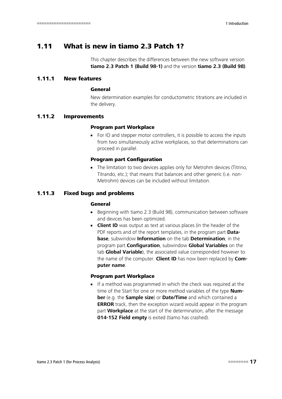 11 what is new in tiamo 2.3 patch 1, 1 new features, 2 improvements | 3 fixed bugs and problems, New features, Improvements, Fixed bugs and problems, What is new in tiamo 2.3 patch 1 | Metrohm tiamo 2.3 Patch 1 (process analysis) User Manual | Page 33 / 1795