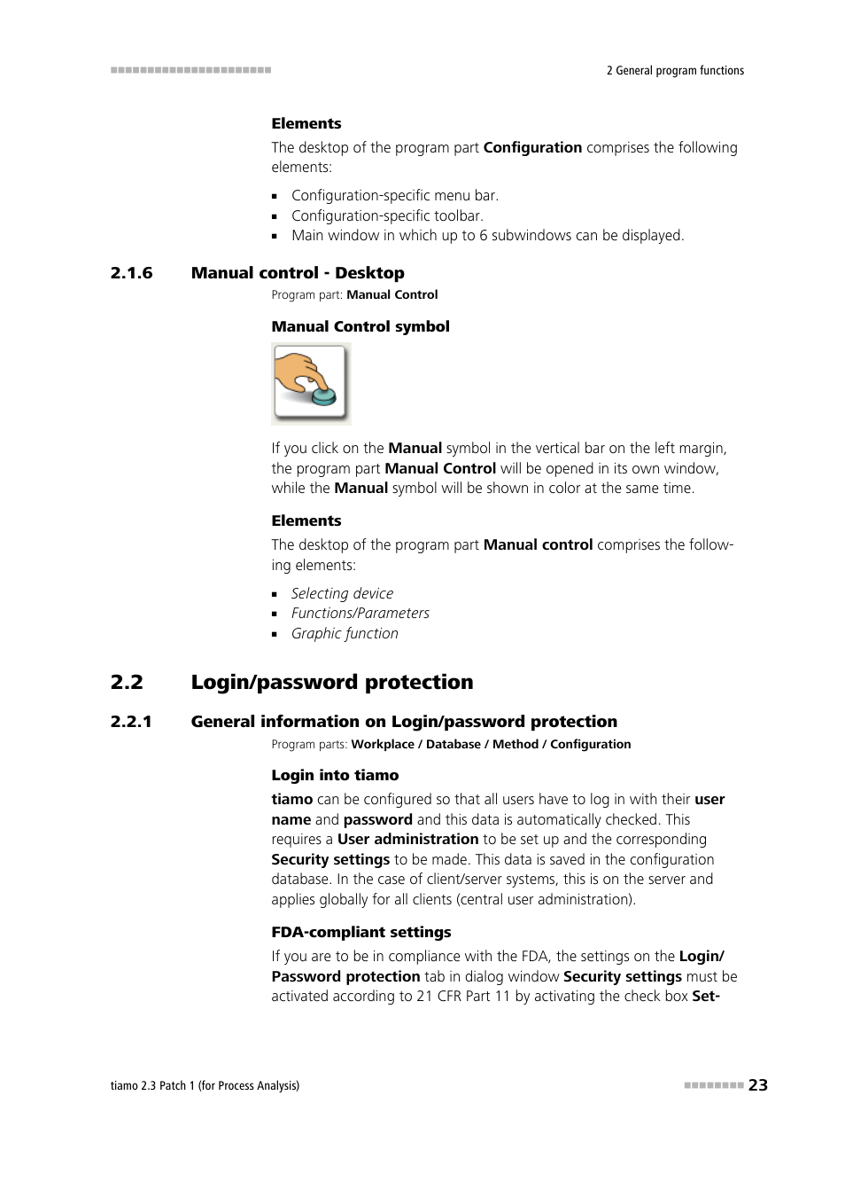 6 manual control - desktop, 2 login/password protection, 1 general information on login/password protection | Manual control - desktop, Login/password protection, General information on login/password protection, Manual | Metrohm tiamo 2.3 Patch 1 (process analysis) User Manual | Page 39 / 1795