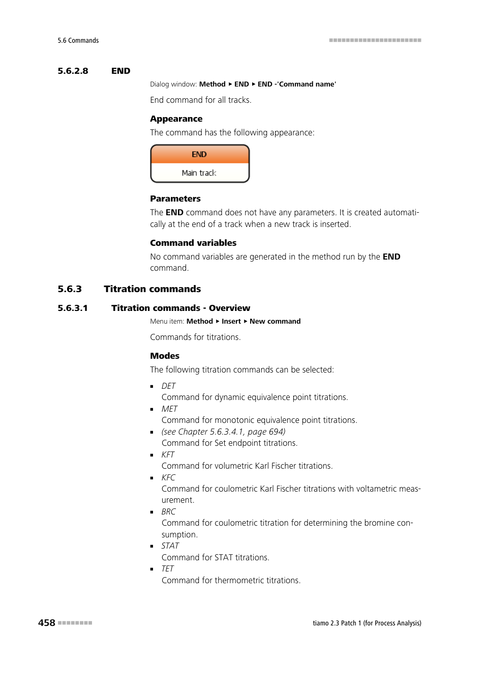 8 end, 3 titration commands, 1 titration commands - overview | Titration commands | Metrohm tiamo 2.3 Patch 1 (process analysis) User Manual | Page 474 / 1795