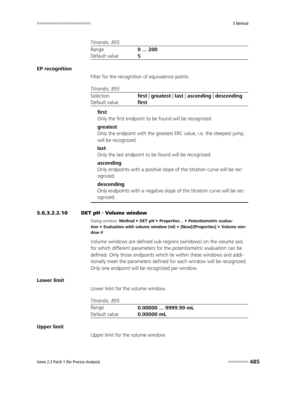 10 det ph - volume window | Metrohm tiamo 2.3 Patch 1 (process analysis) User Manual | Page 501 / 1795
