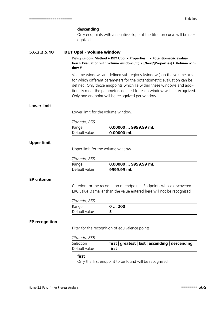 10 det upol - volume window | Metrohm tiamo 2.3 Patch 1 (process analysis) User Manual | Page 581 / 1795