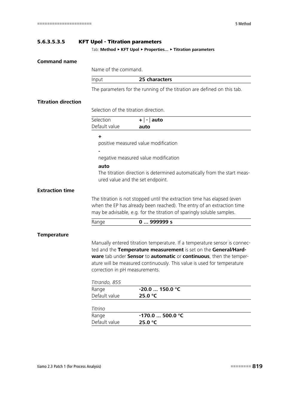 5 kft upol - titration parameters, Titration parameters | Metrohm tiamo 2.3 Patch 1 (process analysis) User Manual | Page 835 / 1795