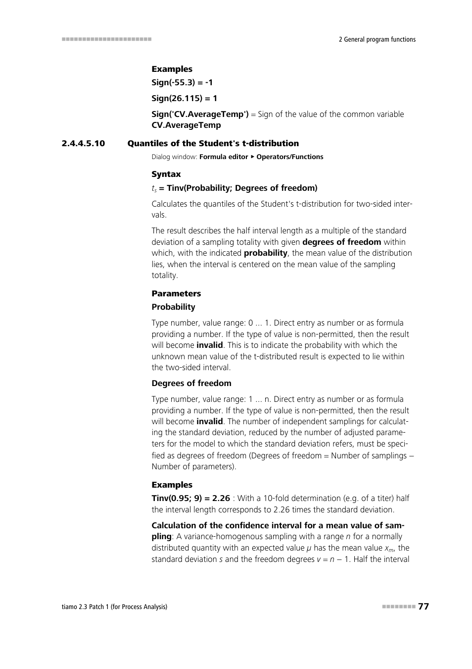 10 quantiles of the student's t-distribution, Quantiles of the student's t-distribution (tinv) | Metrohm tiamo 2.3 Patch 1 (process analysis) User Manual | Page 93 / 1795