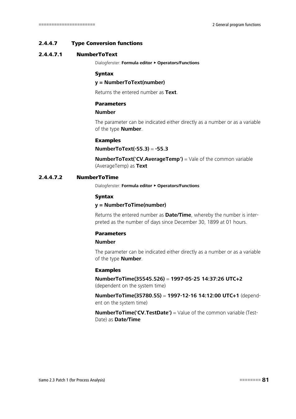 7 type conversion functions, 1 numbertotext, 2 numbertotime | Numbertotext, Numbertotime | Metrohm tiamo 2.3 Patch 1 (process analysis) User Manual | Page 97 / 1795