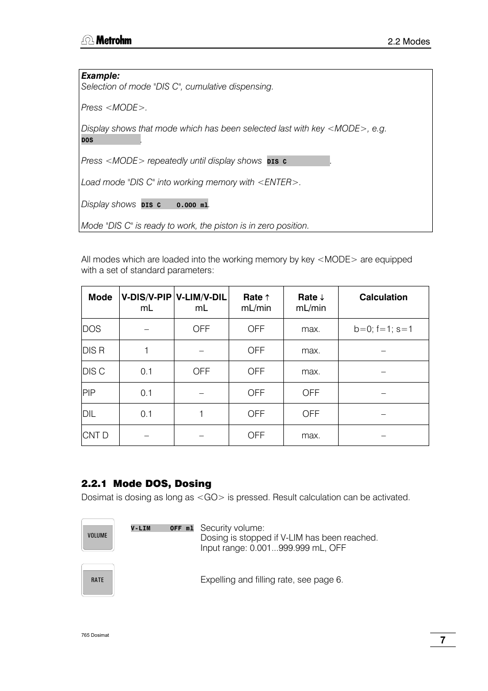 Mode dos, dosing | Metrohm 765 Dosimat User Manual | Page 11 / 66