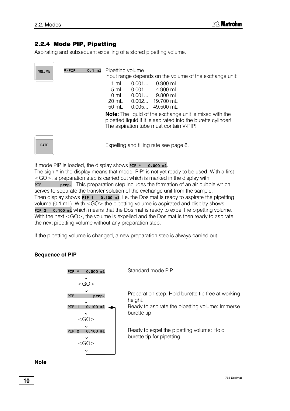 Mode pip, pipetting | Metrohm 765 Dosimat User Manual | Page 14 / 66