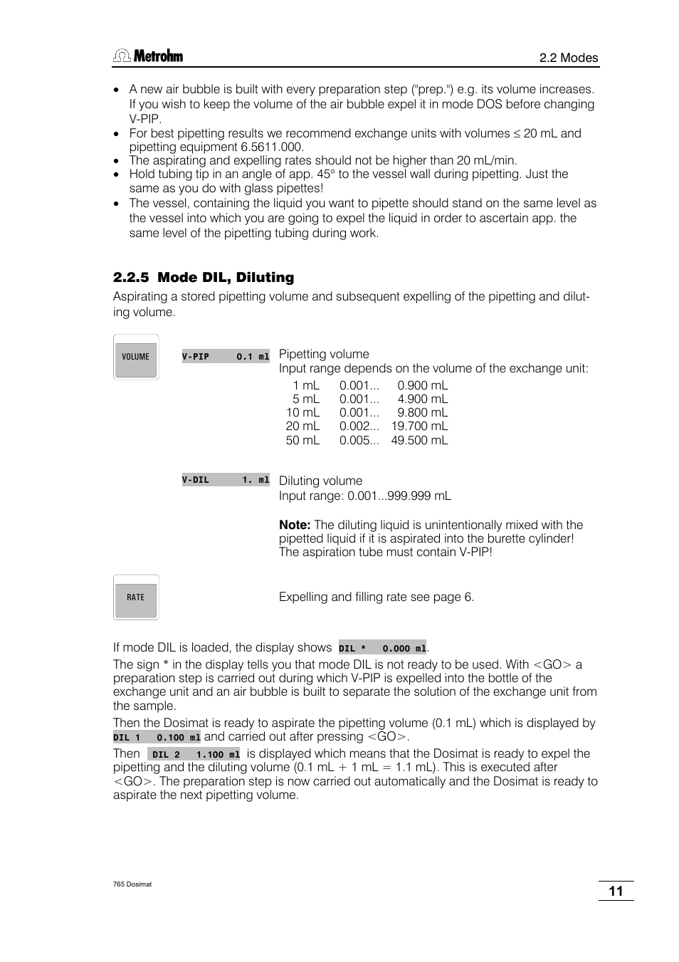 Mode dil, diluting | Metrohm 765 Dosimat User Manual | Page 15 / 66