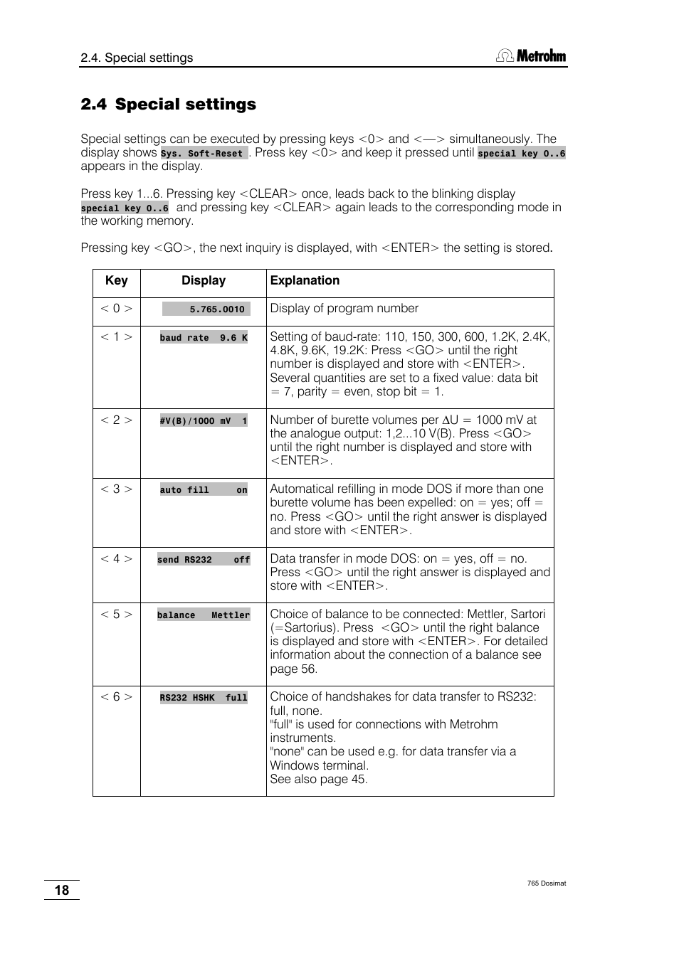 Special settings, 4 special settings | Metrohm 765 Dosimat User Manual | Page 22 / 66