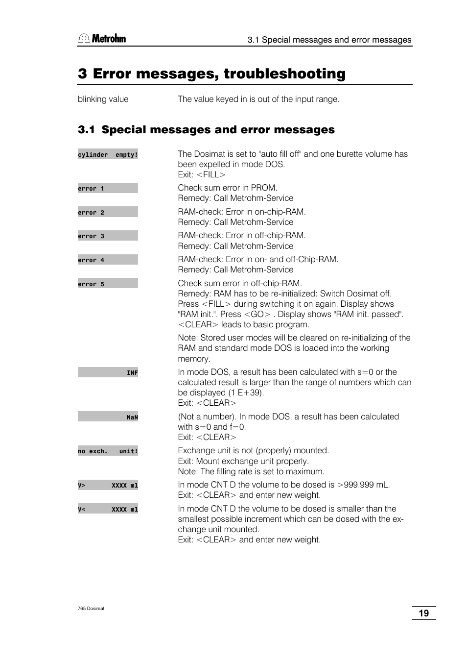 Error messages, troubleshooting, Special messages and error messages, 3 error messages, troubleshooting | 1 special messages and error messages | Metrohm 765 Dosimat User Manual | Page 23 / 66