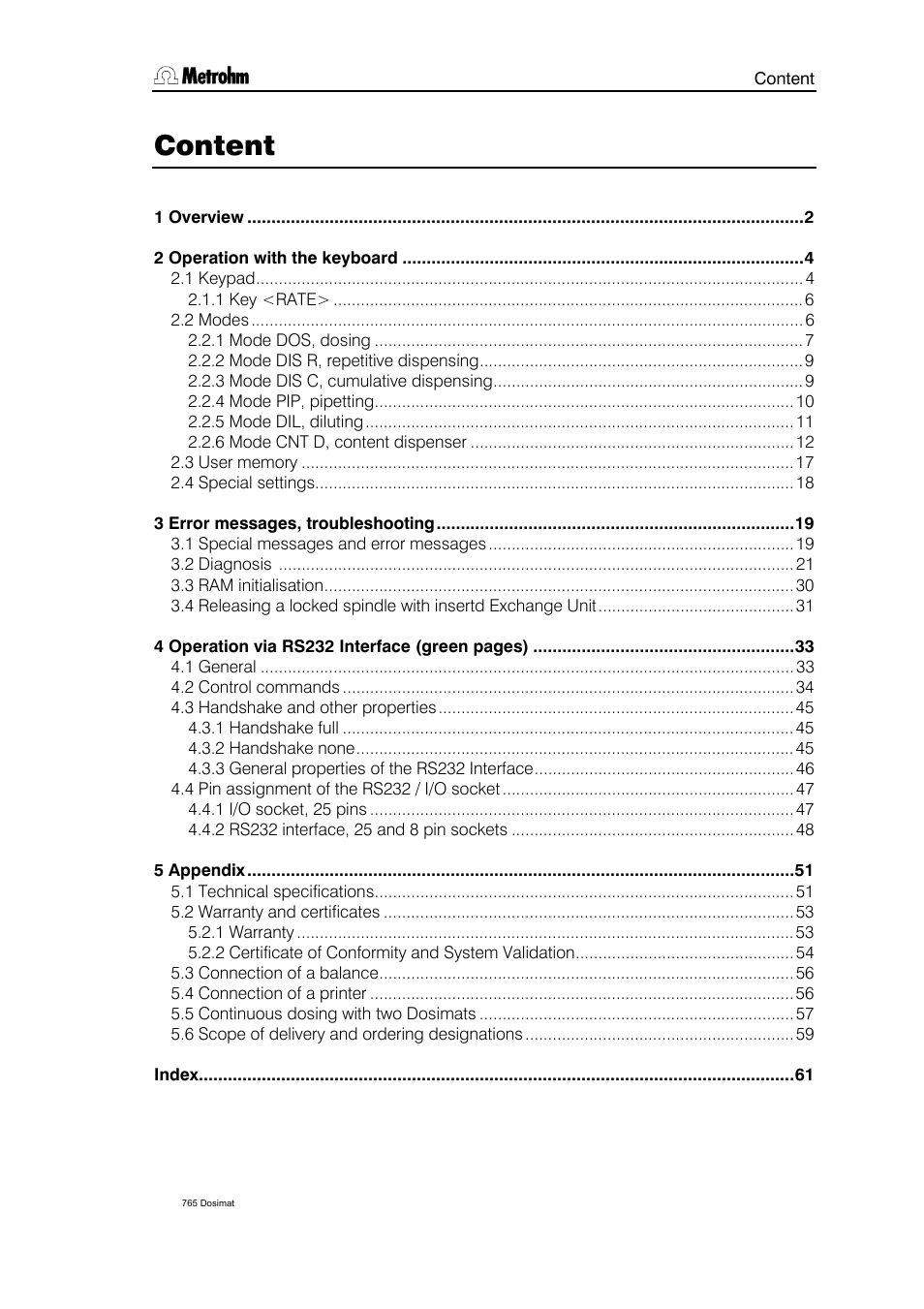 Content | Metrohm 765 Dosimat User Manual | Page 3 / 66