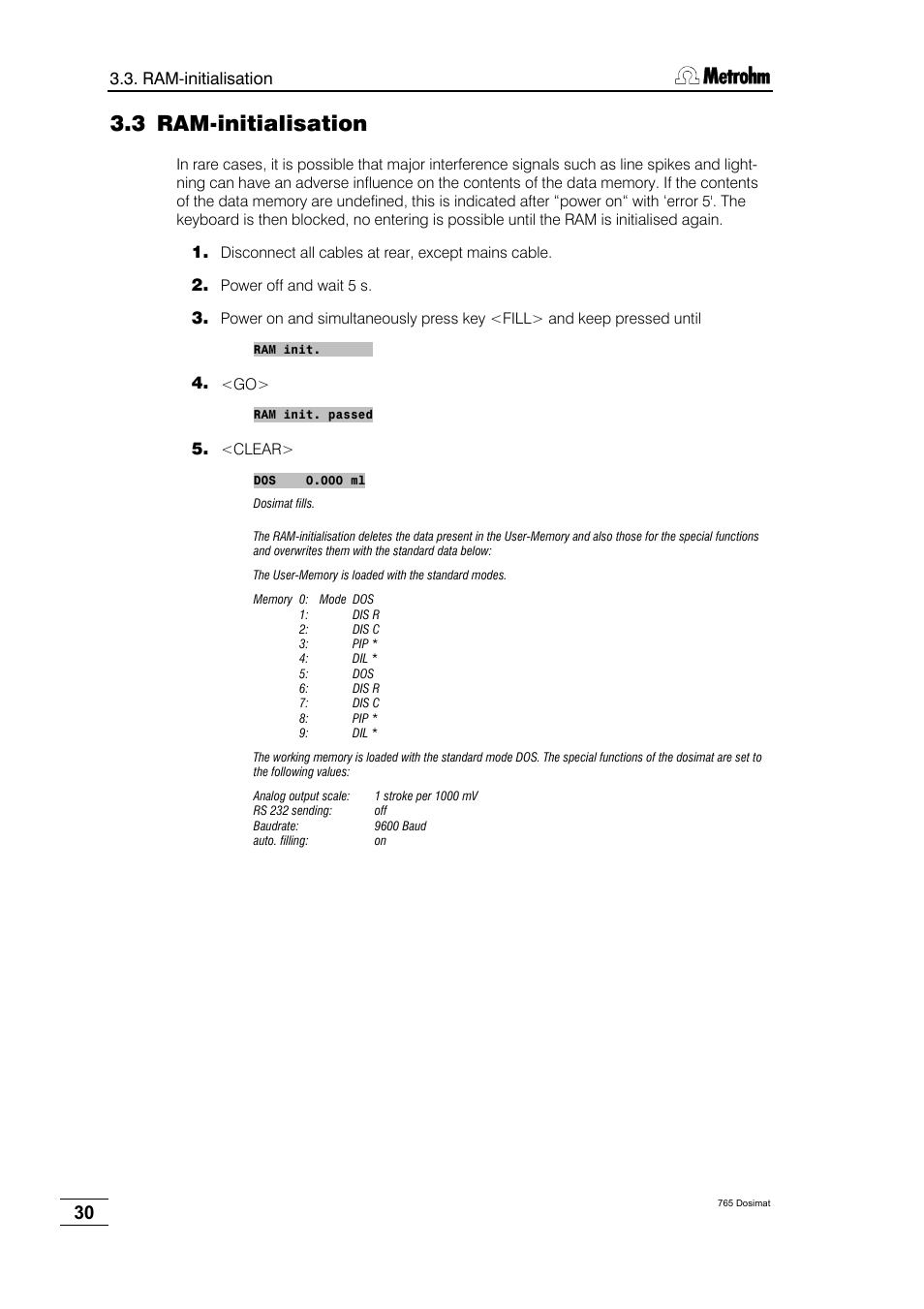 Ram-initialisation, 3 ram-initialisation | Metrohm 765 Dosimat User Manual | Page 34 / 66