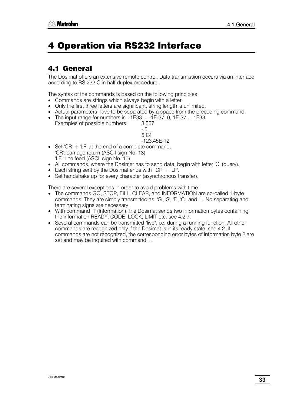 Operation via rs232 interface, General, 4 operation via rs232 interface | 1 general | Metrohm 765 Dosimat User Manual | Page 37 / 66