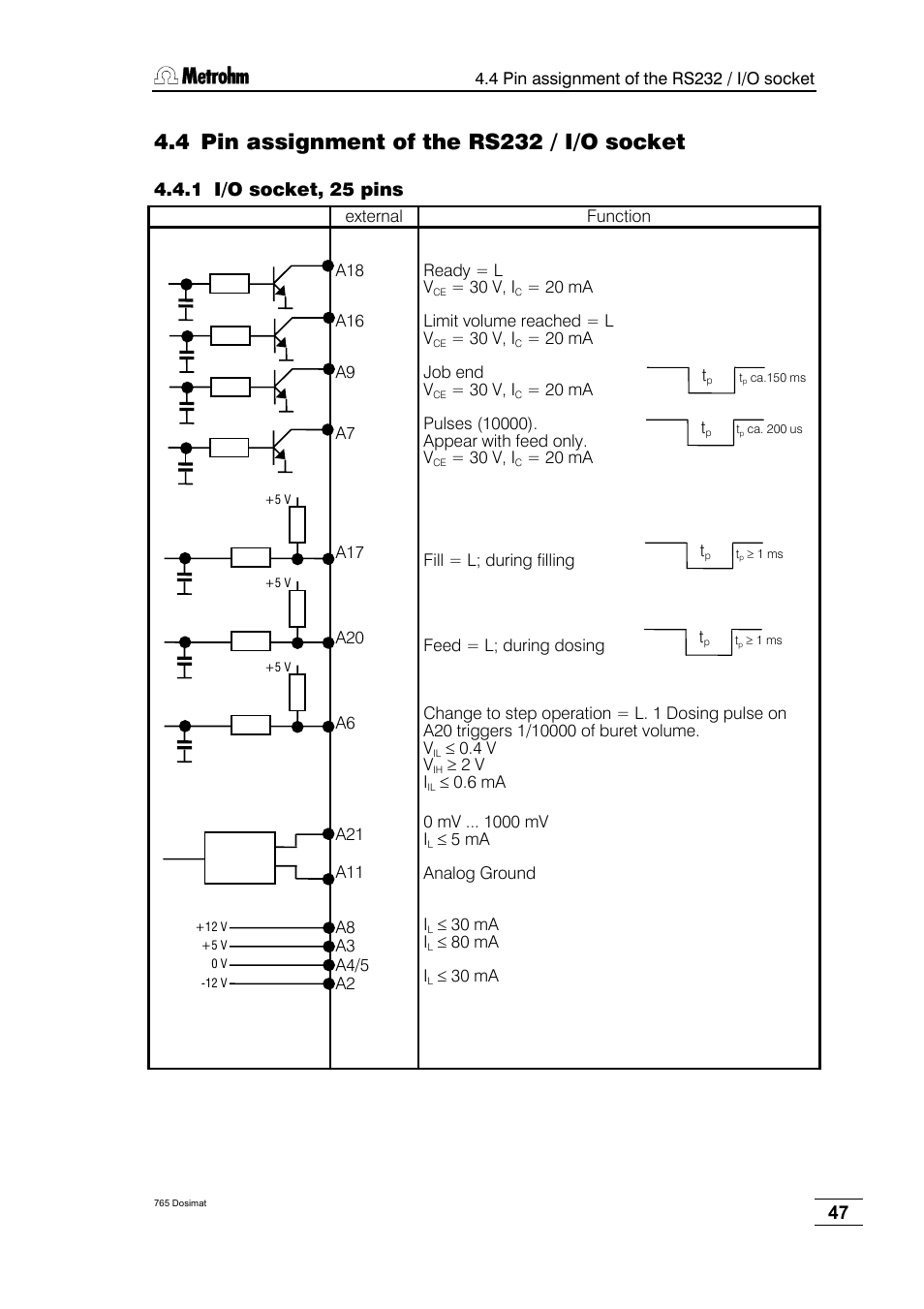 Pin assignment of the rs232 / i/o socket, I/o socket, 25 pins, 4 pin assignment of the rs232 / i/o socket | Metrohm 765 Dosimat User Manual | Page 51 / 66