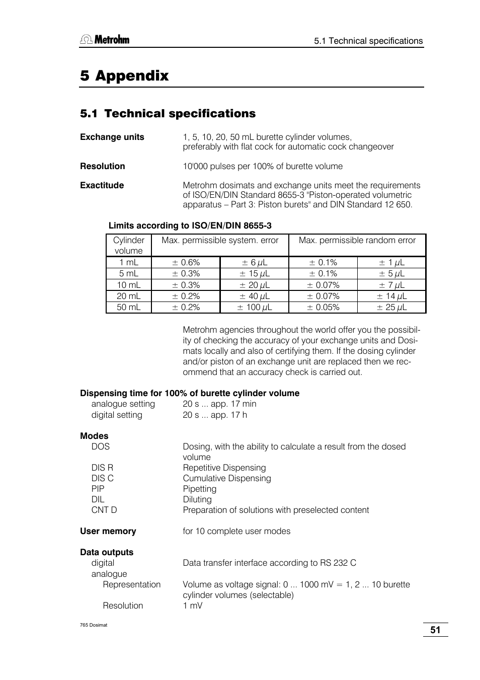 Appendix, Technical specifications, 5 appendix | 1 technical specifications | Metrohm 765 Dosimat User Manual | Page 55 / 66