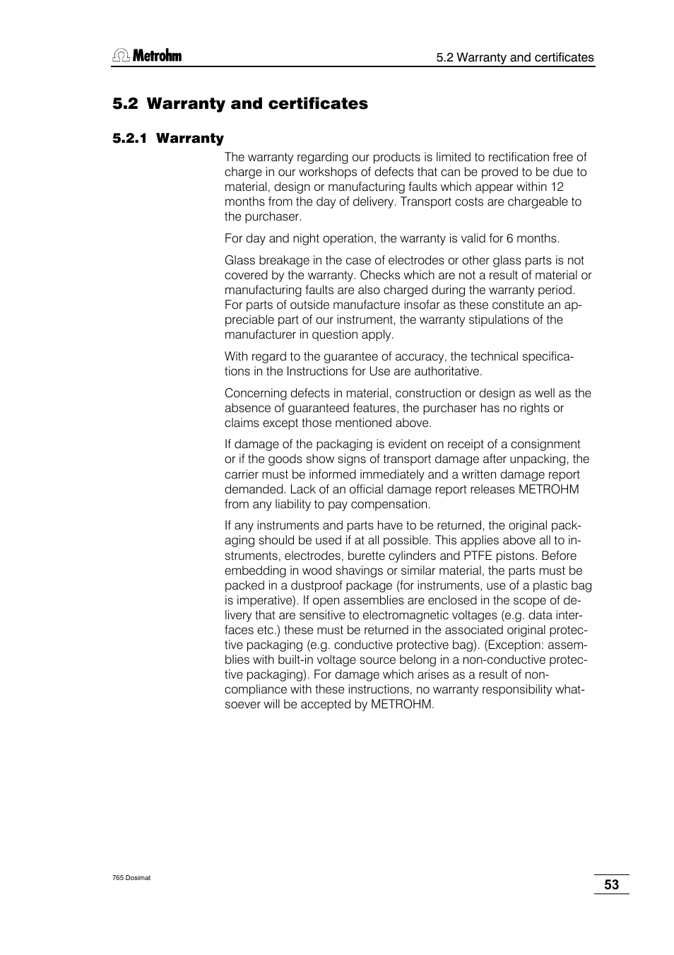 Warranty and certificates, Warranty, 2 warranty and certificates | Metrohm 765 Dosimat User Manual | Page 57 / 66