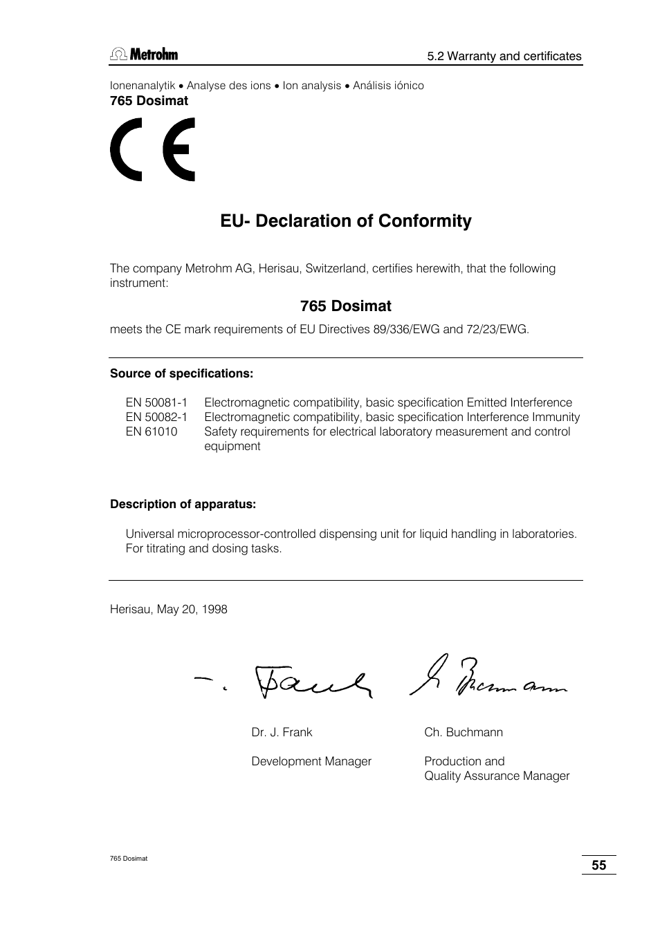 Eu- declaration of conformity, 765 dosimat | Metrohm 765 Dosimat User Manual | Page 59 / 66